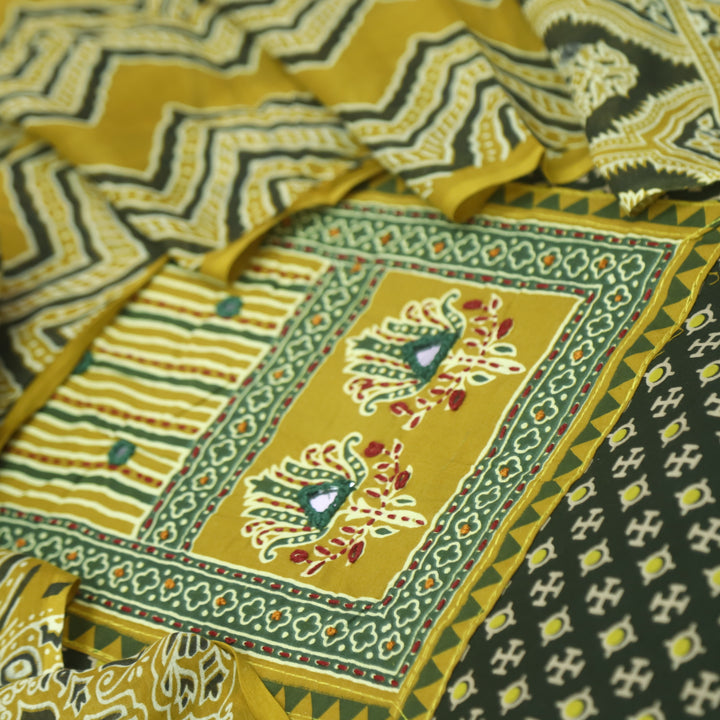 Noorani Sacramento Green Ajrak Patch with Mirror Work Cotton Suit Set