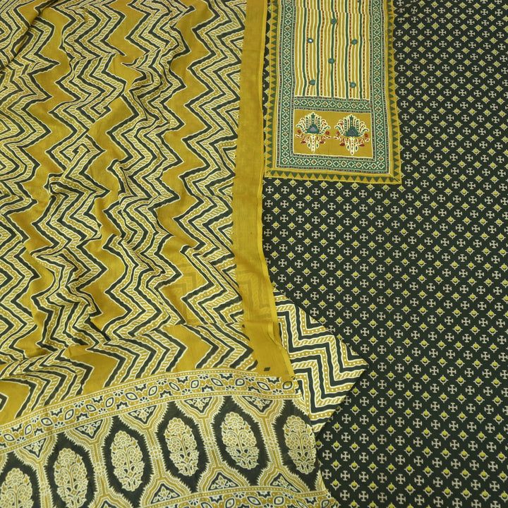 Noorani Sacramento Green Ajrak Patch with Mirror Work Cotton Suit Set