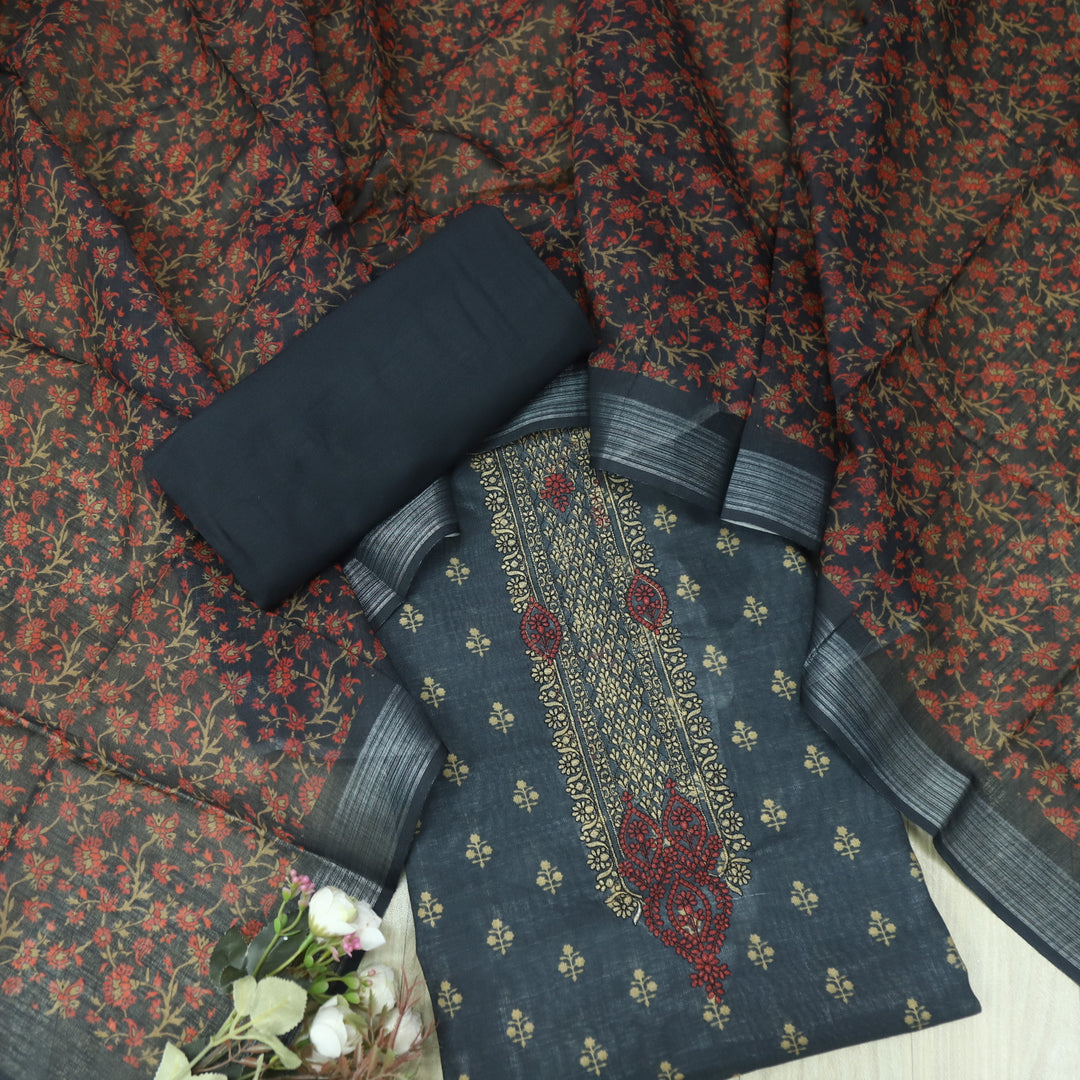 Noor Navy Blue Thread Embroidered Neck Work Cotton linen suit Set