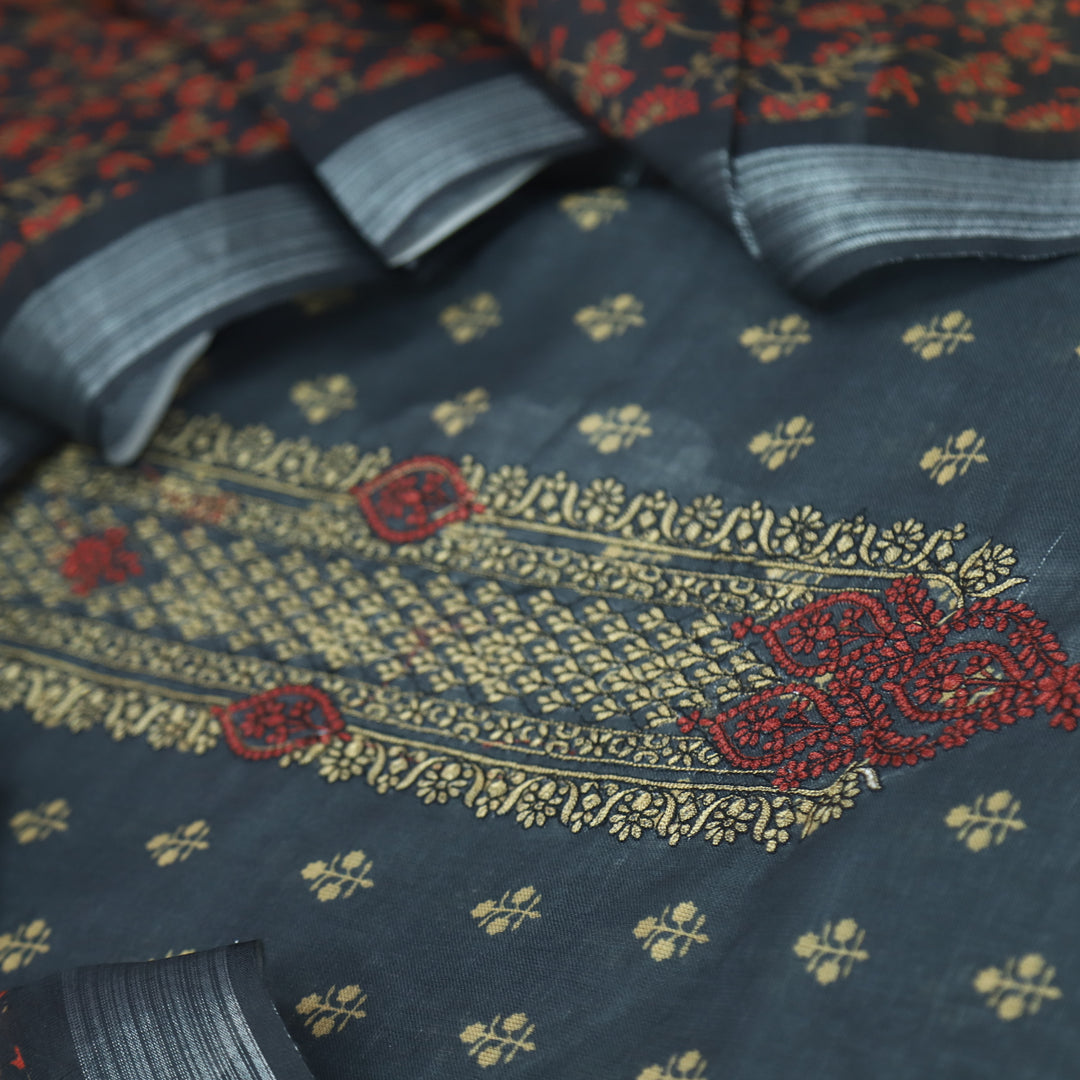 Noor Navy Blue Thread Embroidered Neck Work Cotton linen suit Set