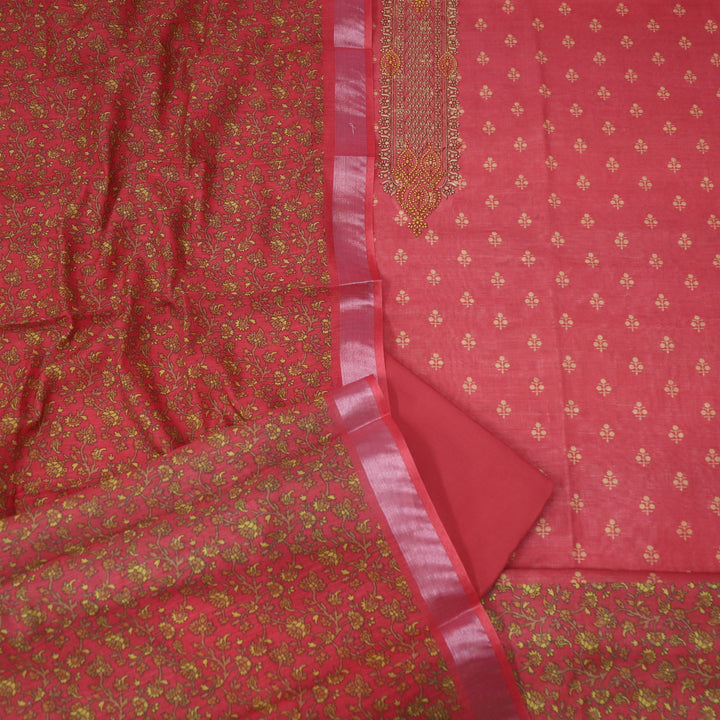 Noor Cherry Red Thread Embroidered Neck Work Cotton linen suit Set