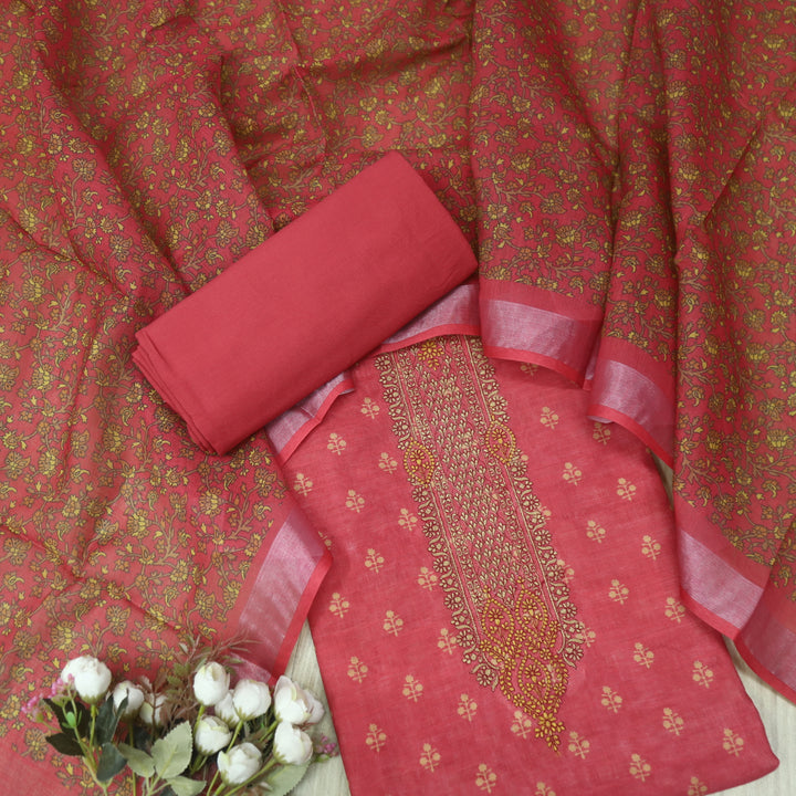 Noor Cherry Red Thread Embroidered Neck Work Cotton linen suit Set