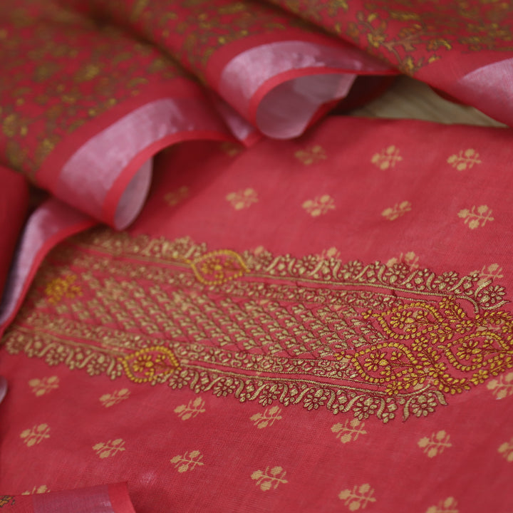 Noor Cherry Red Thread Embroidered Neck Work Cotton linen suit Set