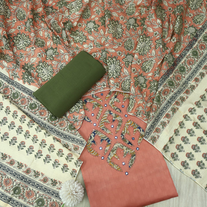 Sareen Coral Peach Applique Work Neck Glazed Cotton Suit Set