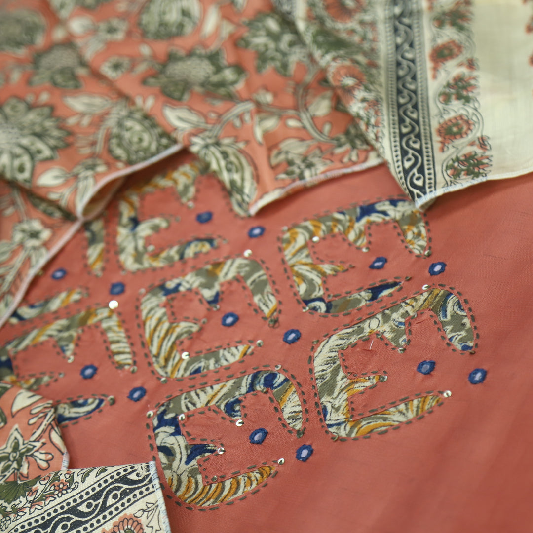 Sareen Coral Peach Applique Work Neck Glazed Cotton Suit Set