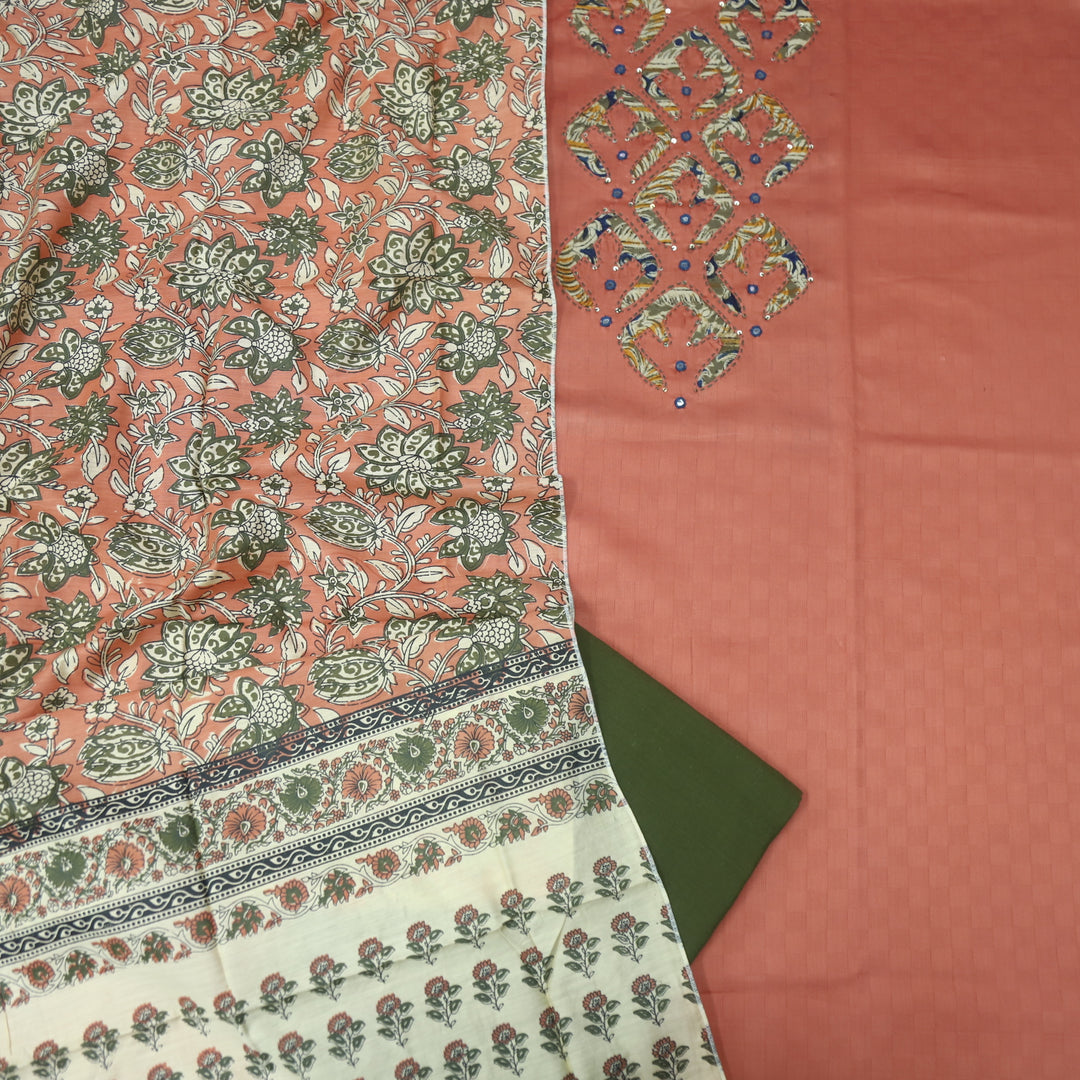Sareen Coral Peach Applique Work Neck Glazed Cotton Suit Set