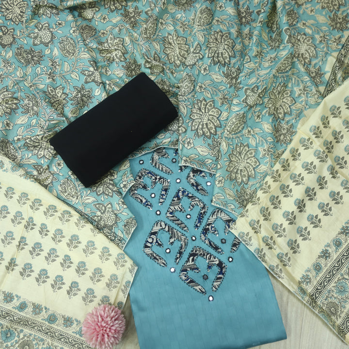 Sareen Azure Blue Applique Work Neck Glazed Cotton Suit Set