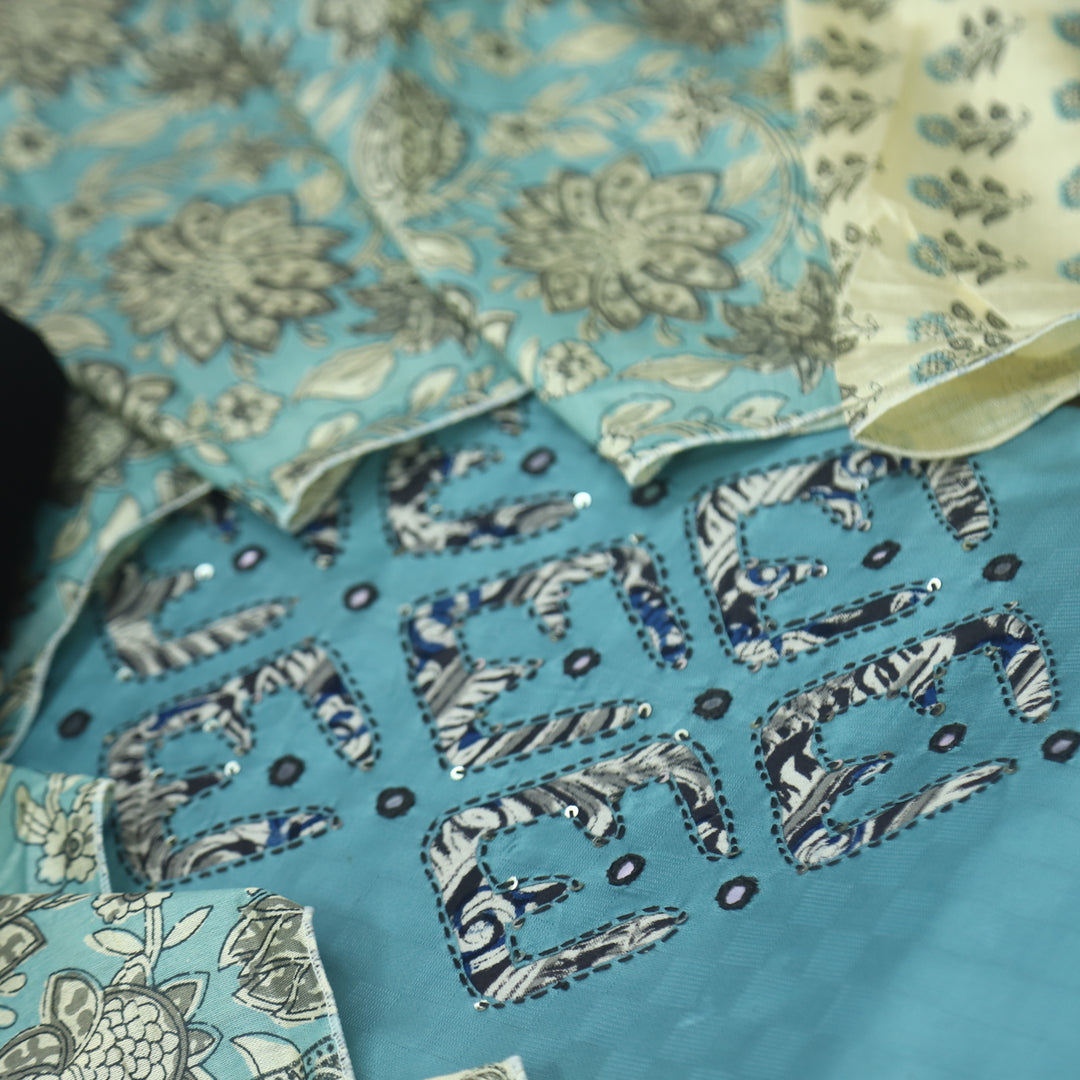 Sareen Azure Blue Applique Work Neck Glazed Cotton Suit Set