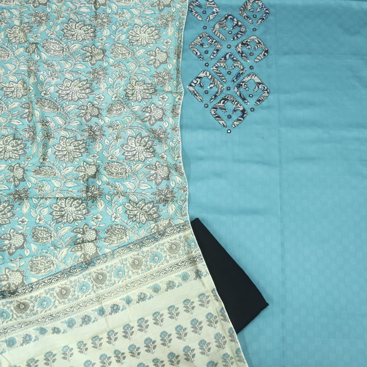 Sareen Azure Blue Applique Work Neck Glazed Cotton Suit Set