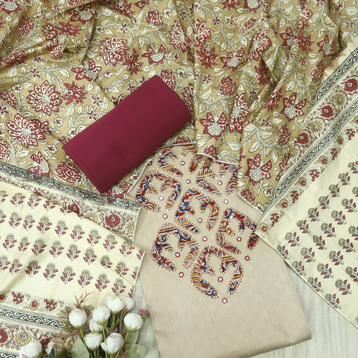 Sareen Frappé Beige Applique Work Neck Glazed Cotton Suit Set