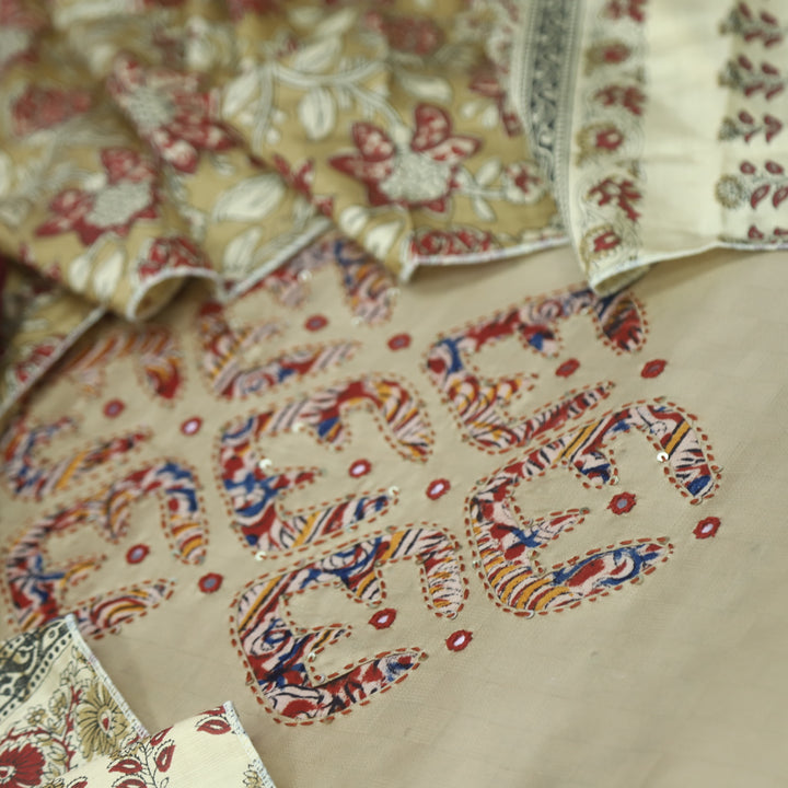 Sareen Frappé Beige Applique Work Neck Glazed Cotton Suit Set