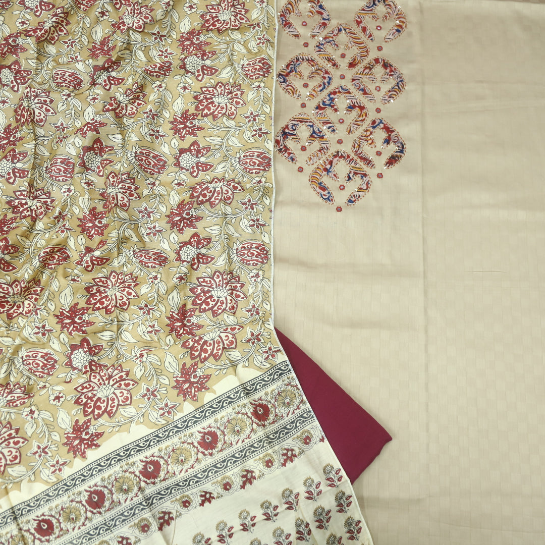 Sareen Frappé Beige Applique Work Neck Glazed Cotton Suit Set