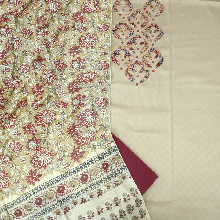 Sareen Frappé Beige Applique Work Neck Glazed Cotton Suit Set
