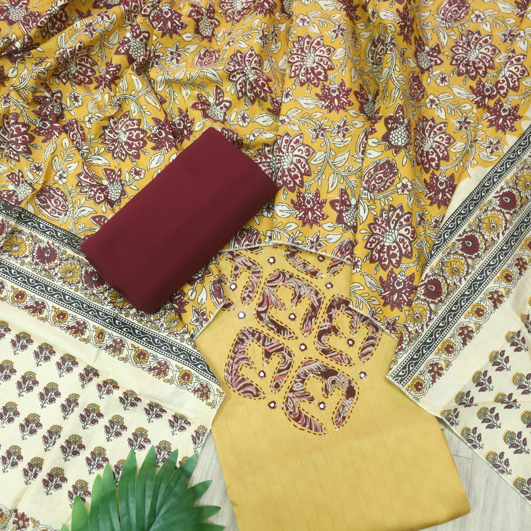Sareen Coffee Yellow Applique Work Neck Glazed Cotton Suit Set