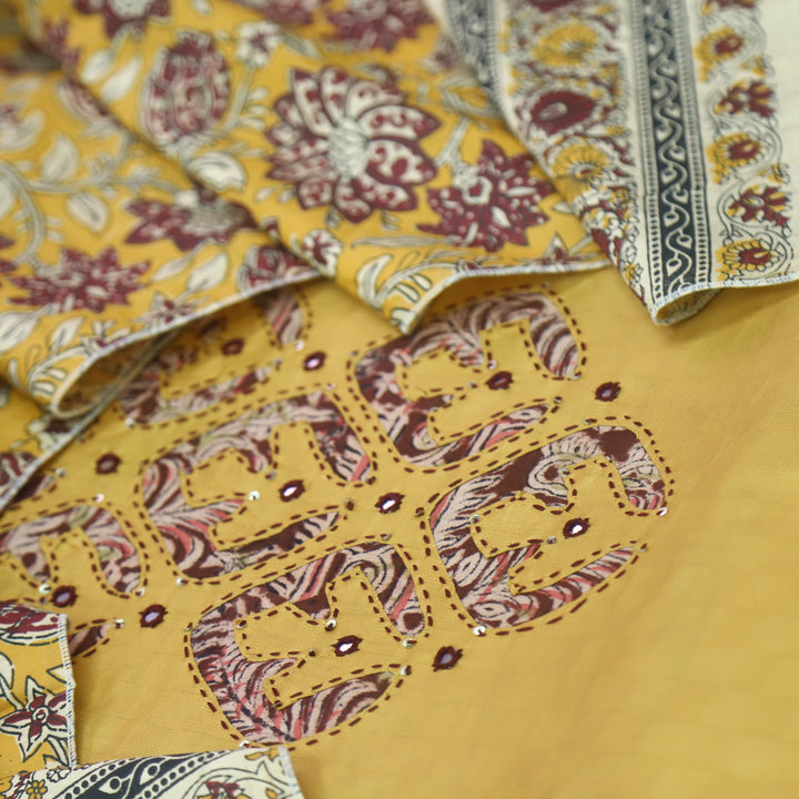 Sareen Coffee Yellow Applique Work Neck Glazed Cotton Suit Set