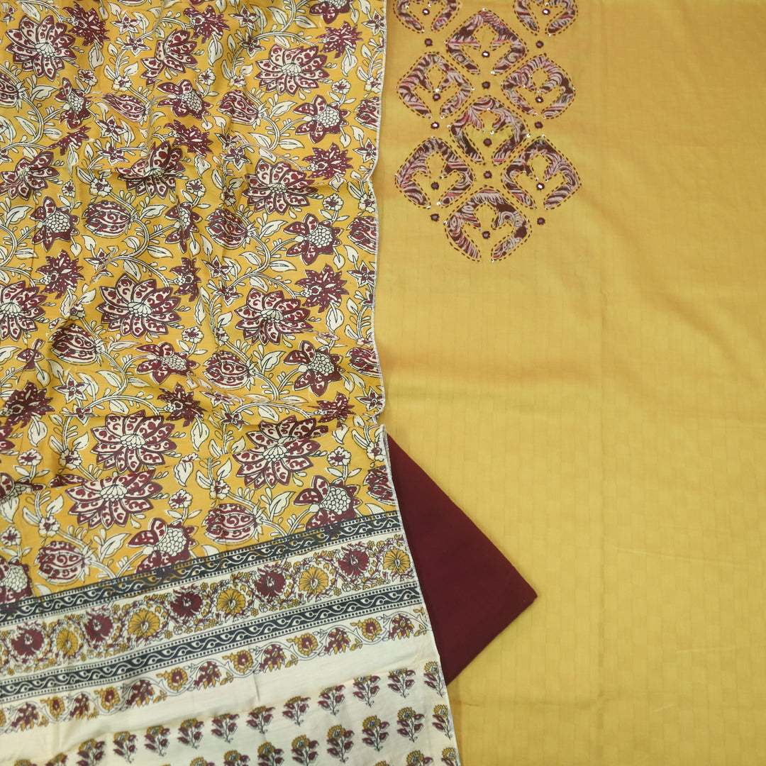 Sareen Coffee Yellow Applique Work Neck Glazed Cotton Suit Set