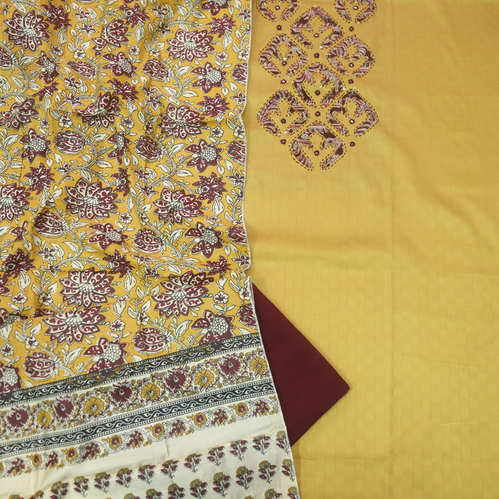 Sareen Coffee Yellow Applique Work Neck Glazed Cotton Suit Set