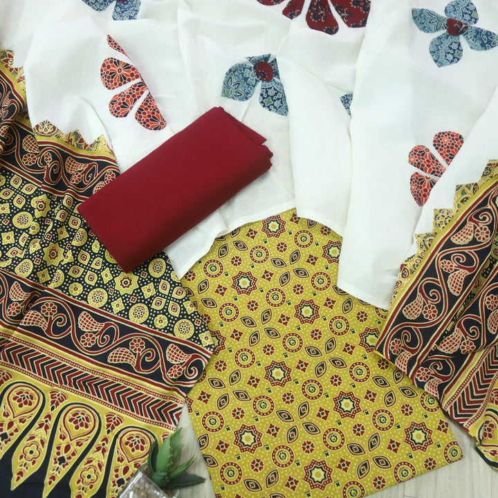 Kakaswi Dijon Yellow Ajrak Printed Cotton Top with Applique Work Dupatta