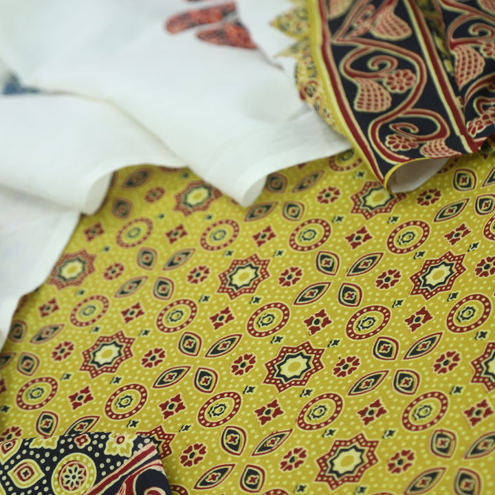 Kakaswi Dijon Yellow Ajrak Printed Cotton Top with Applique Work Dupatta