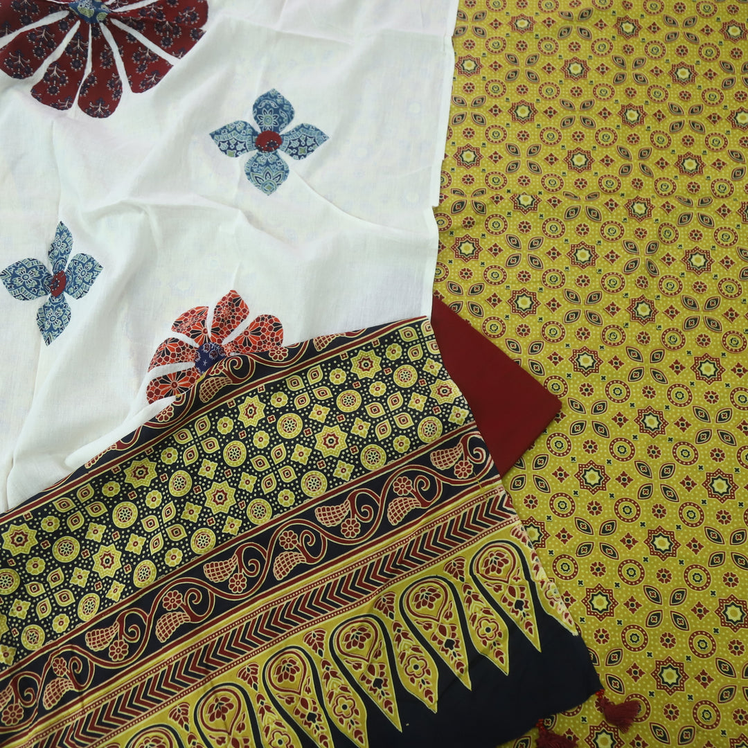Kakaswi Dijon Yellow Ajrak Printed Cotton Top with Applique Work Dupatta