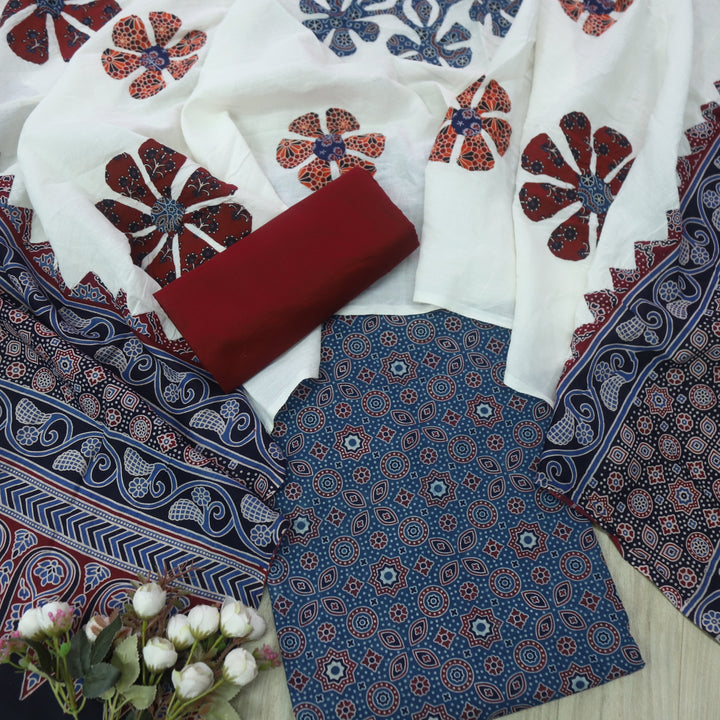 Kakaswi Cerulean Blue Ajrak Printed Cotton Top with Applique Work Dupatta