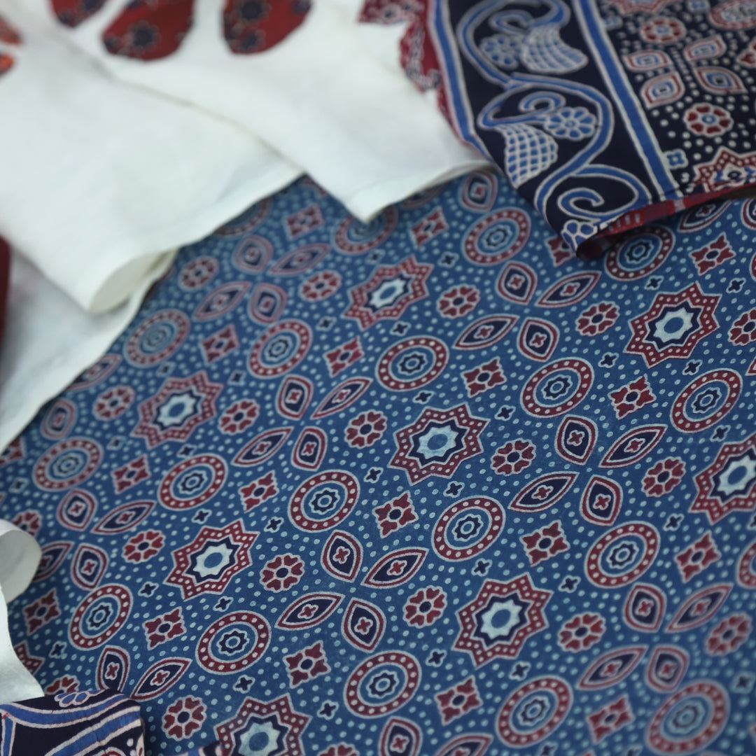 Kakaswi Cerulean Blue Ajrak Printed Cotton Top with Applique Work Dupatta
