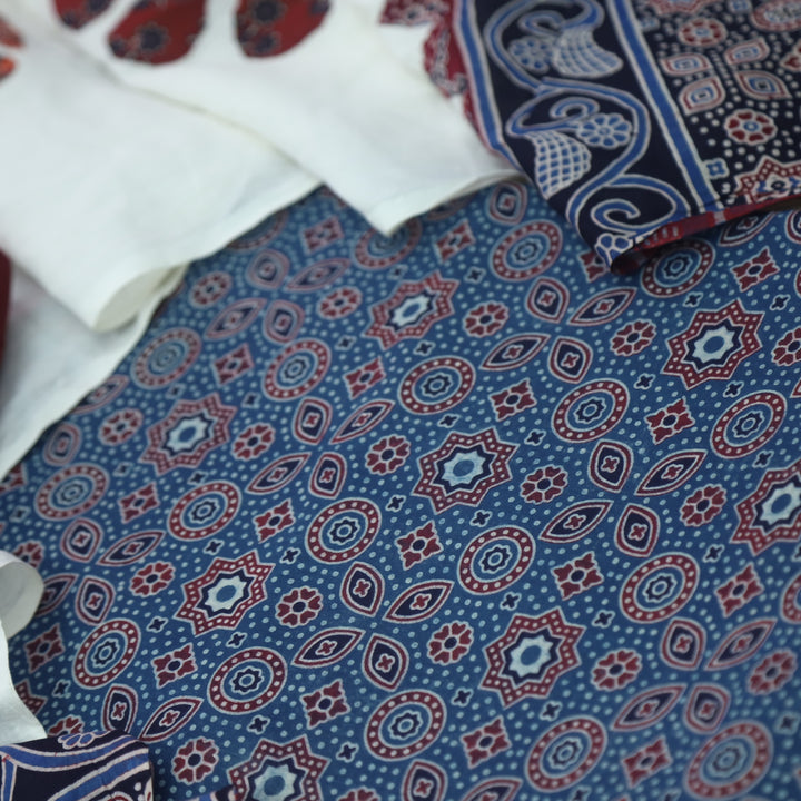 Kakaswi Cerulean Blue Ajrak Printed Cotton Top with Applique Work Dupatta