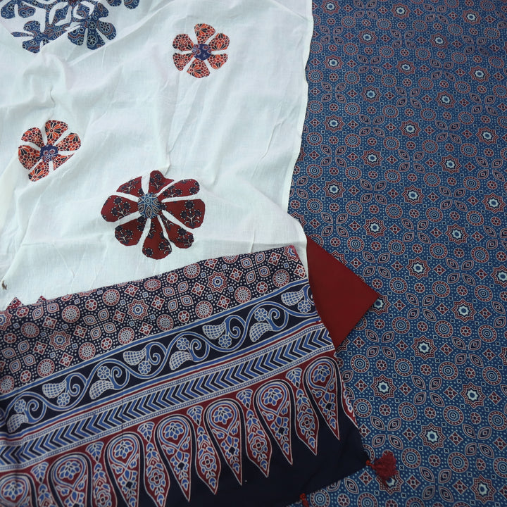 Kakaswi Cerulean Blue Ajrak Printed Cotton Top with Applique Work Dupatta