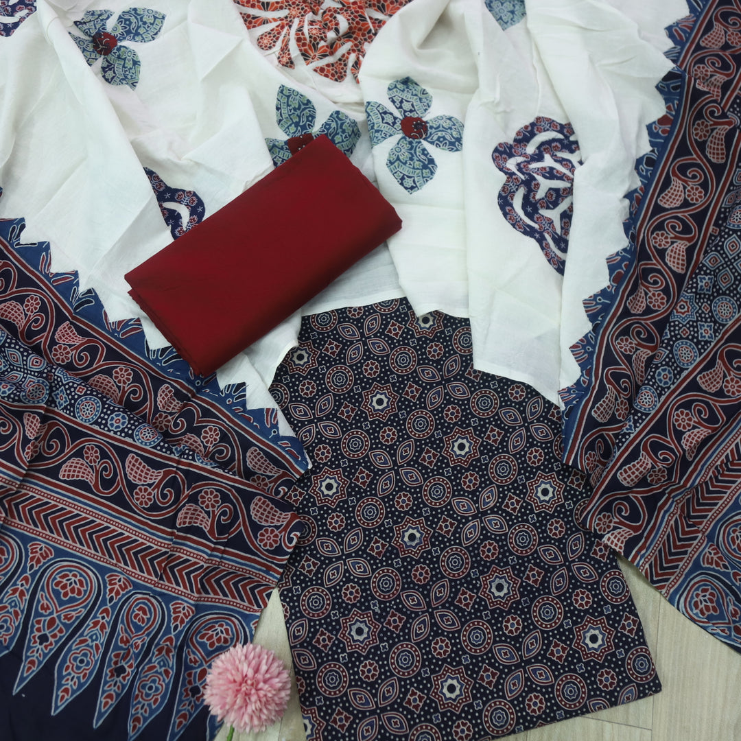 Kakaswi Midnight Blue Ajrak Printed Cotton Top with Applique Work Dupatta