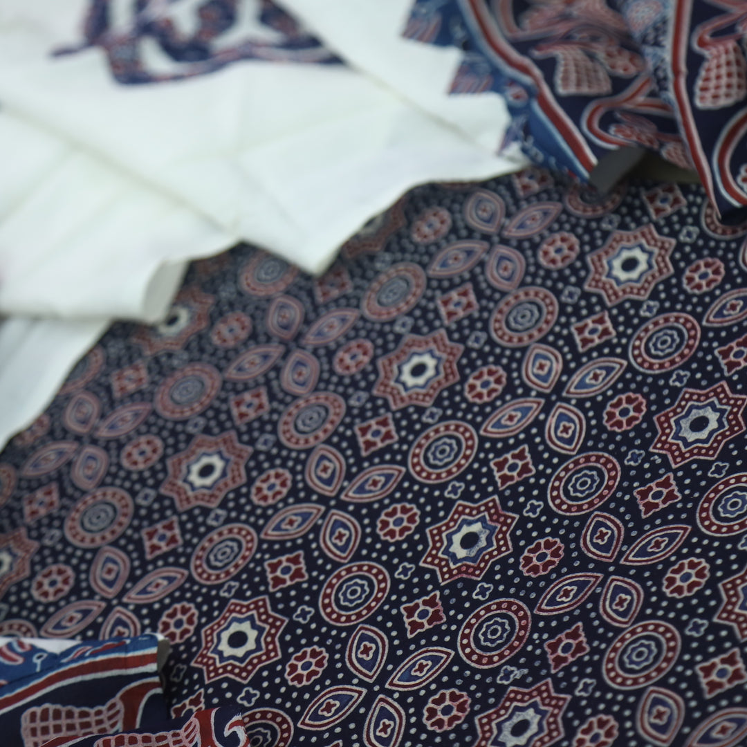 Kakaswi Midnight Blue Ajrak Printed Cotton Top with Applique Work Dupatta