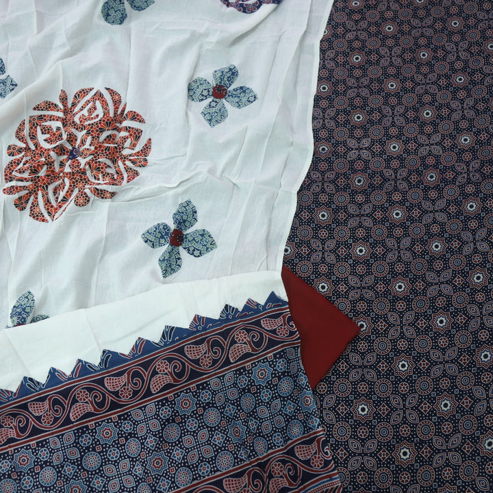 Kakaswi Midnight Blue Ajrak Printed Cotton Top with Applique Work Dupatta
