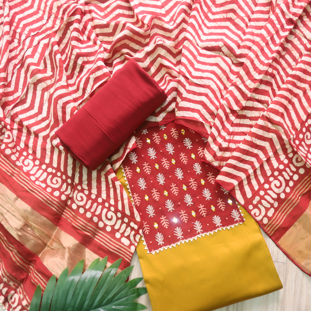 Nigahein Dijon Yellow Mirror Patch Neck Work Glazed Cotton Suit Set