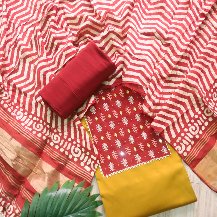 Nigahein Dijon Yellow Mirror Patch Neck Work Glazed Cotton Suit Set