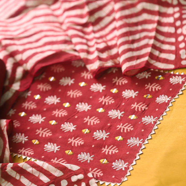 Nigahein Dijon Yellow Mirror Patch Neck Work Glazed Cotton Suit Set