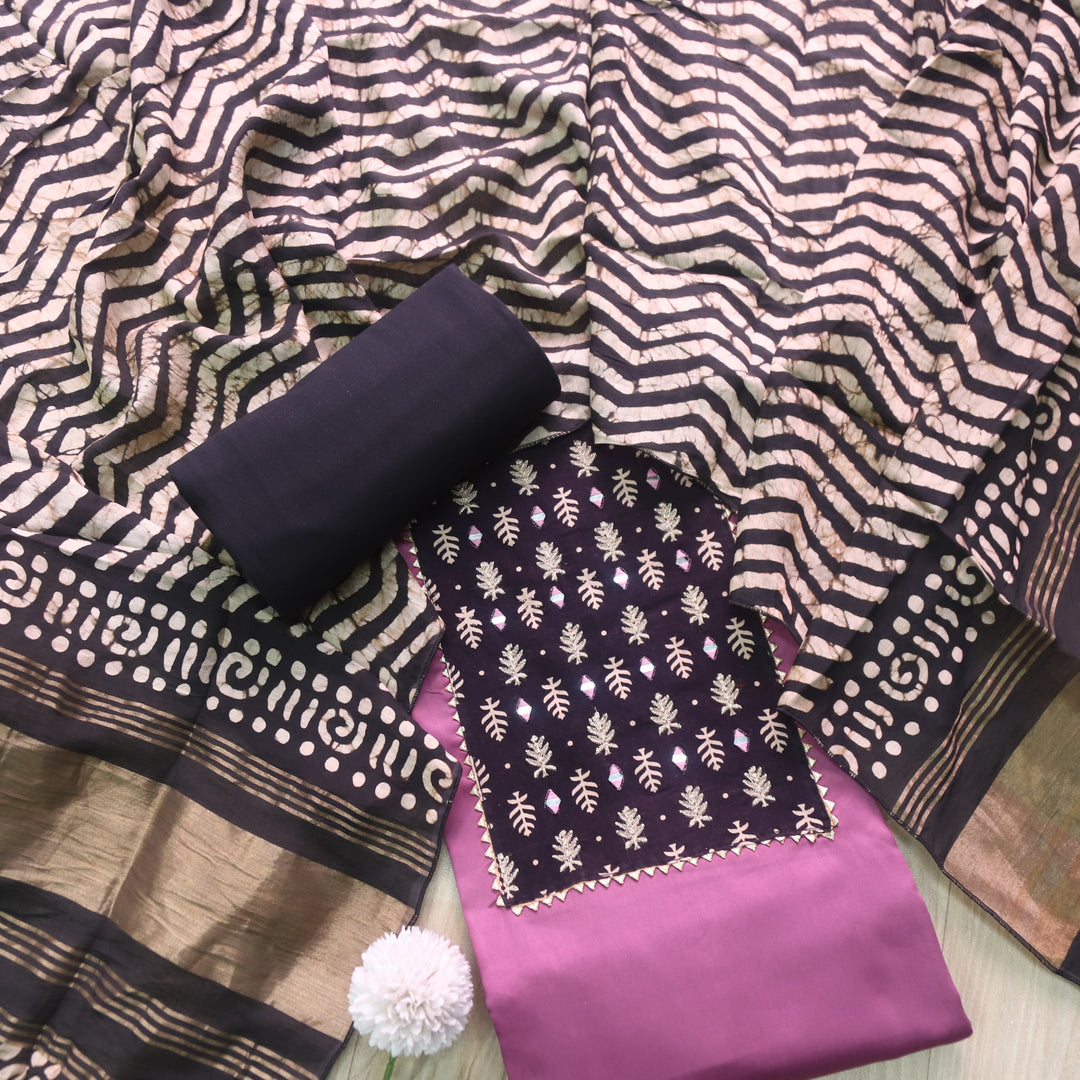 Nigahein Lavish Lavender Mirror Patch Neck Work Glazed Cotton Suit Set