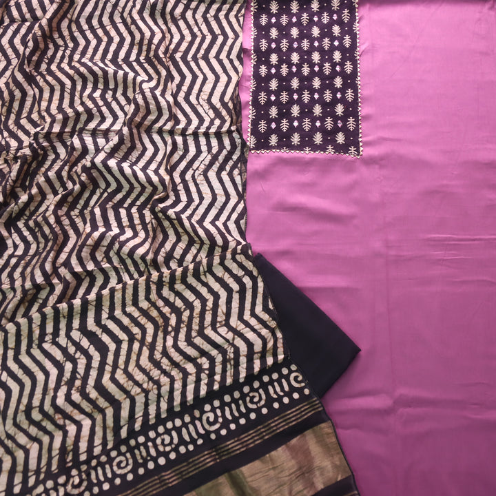 Nigahein Lavish Lavender Mirror Patch Neck Work Glazed Cotton Suit Set