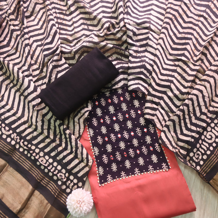 Nigahein Soft Peach Mirror Patch Neck Work Glazed Cotton Suit Set