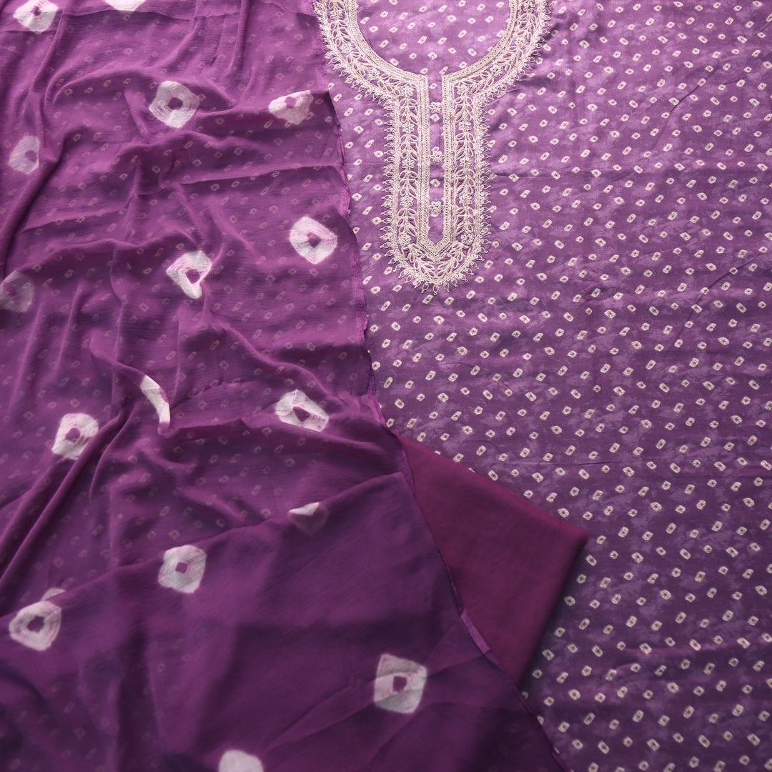 Ada Eggplant Purple Zari Embellish Work Bandani Printed Jam Cotton Suit Set