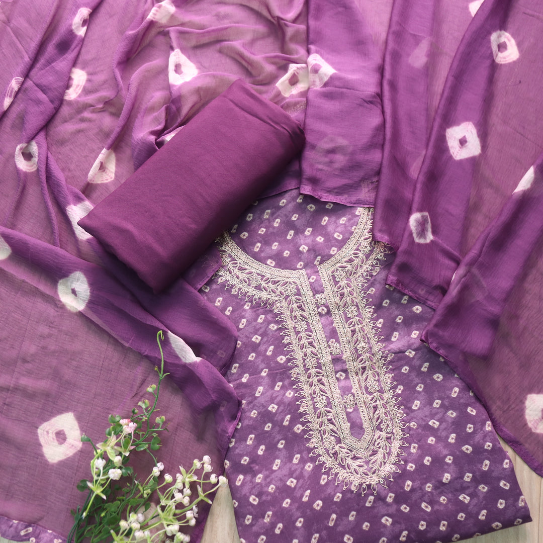 Ada Eggplant Purple Zari Embellish Work Bandani Printed Jam Cotton Suit Set