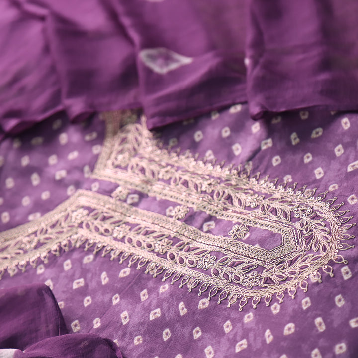 Ada Eggplant Purple Zari Embellish Work Bandani Printed Jam Cotton Suit Set