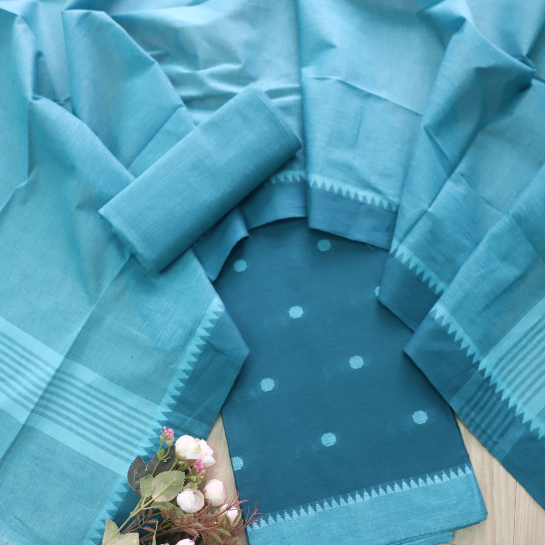 Sanskruti Turquoise Blue Weaved South Cotton Temple Hem Suit Set