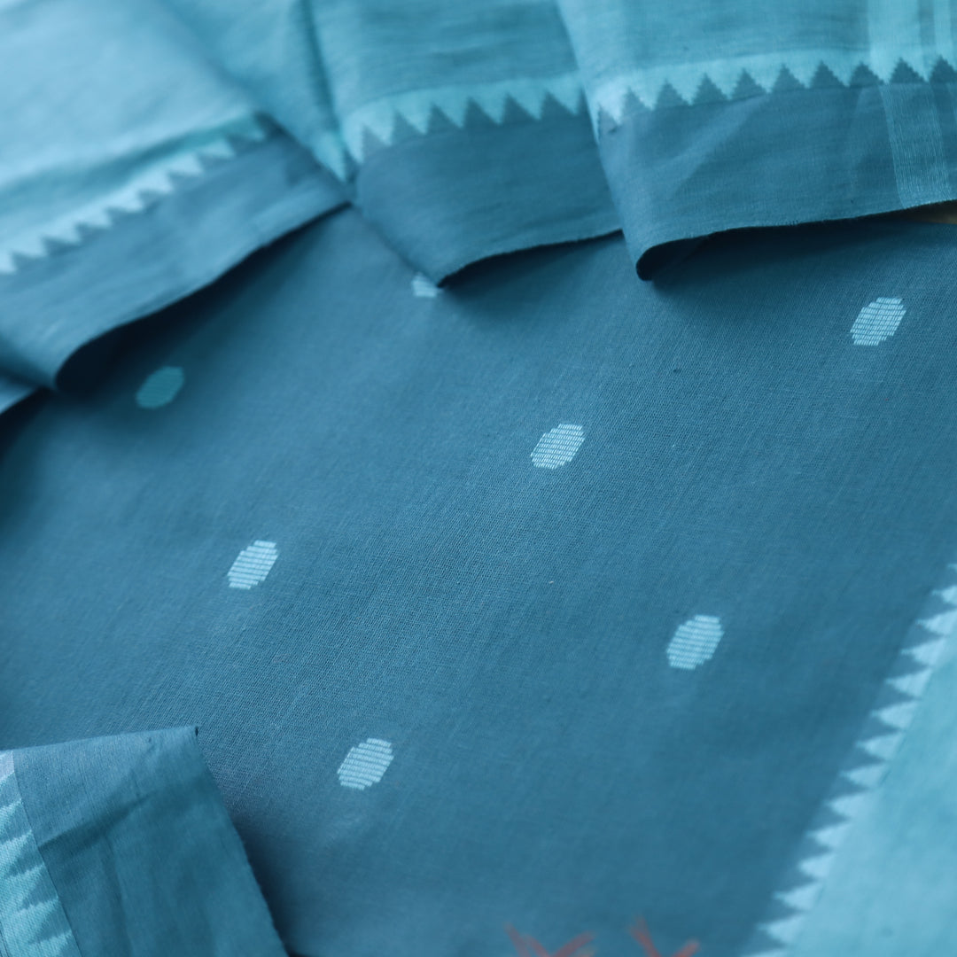 Sanskruti Turquoise Blue Weaved South Cotton Temple Hem Suit Set