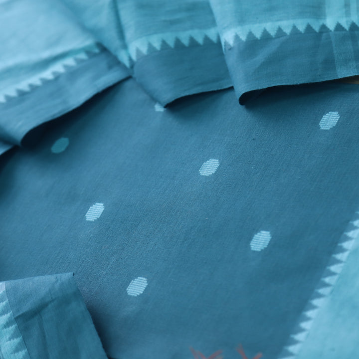 Sanskruti Turquoise Blue Weaved South Cotton Temple Hem Suit Set