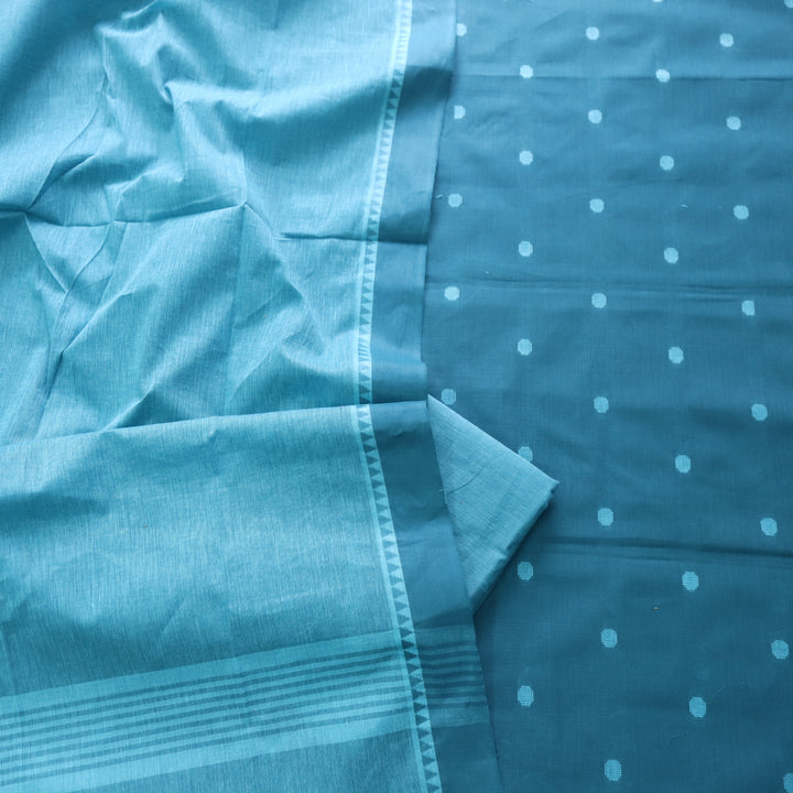 Sanskruti Turquoise Blue Weaved South Cotton Temple Hem Suit Set