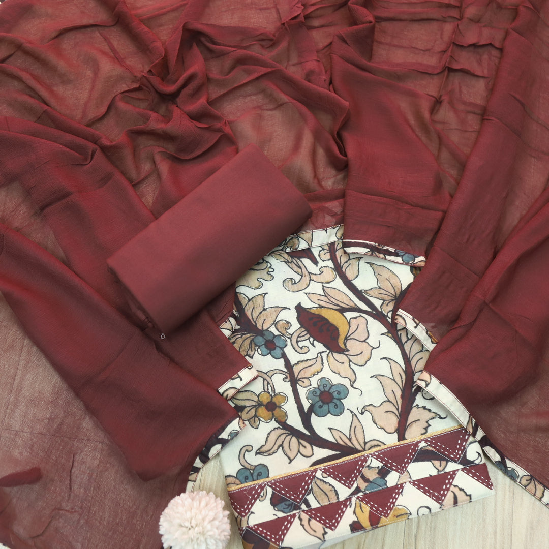 Hayaat Cream White Digital Kalamakari Printed Cotton Top with Maroon Dupatta