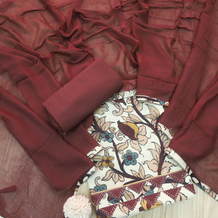 Hayaat Cream White Digital Kalamakari Printed Cotton Top with Maroon Dupatta