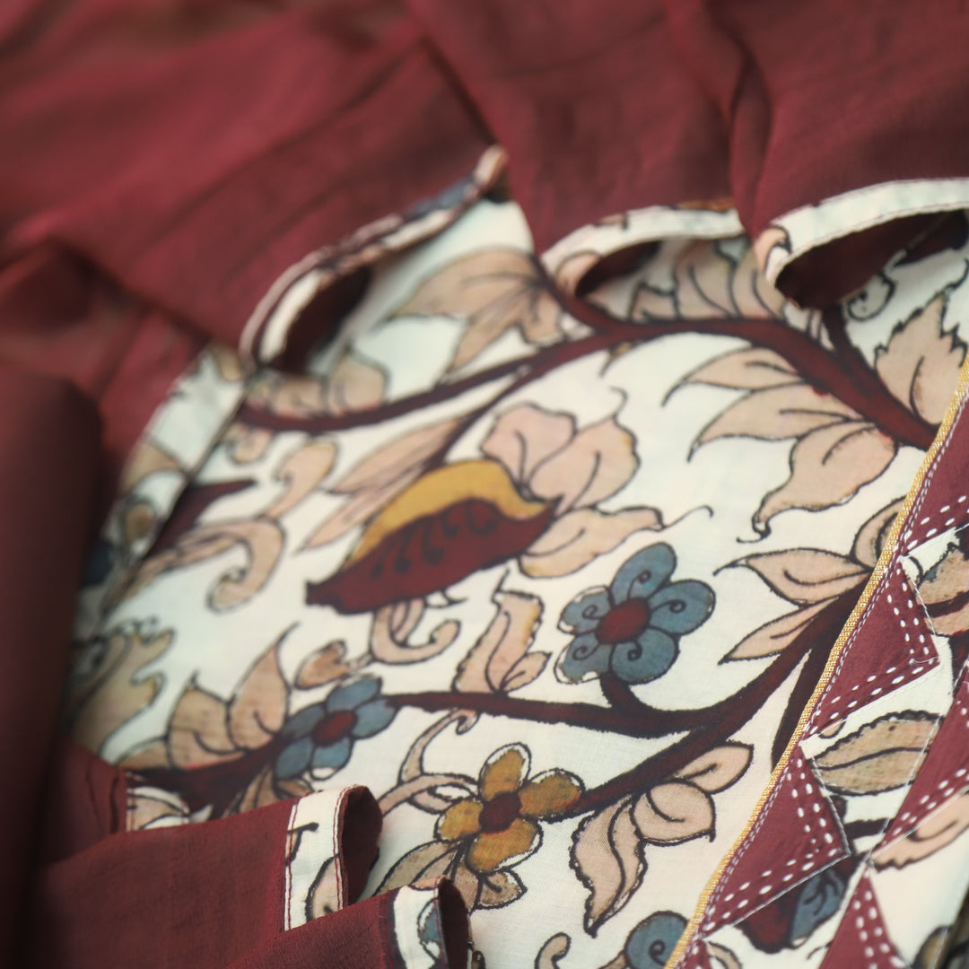 Hayaat Cream White Digital Kalamakari Printed Cotton Top with Maroon Dupatta