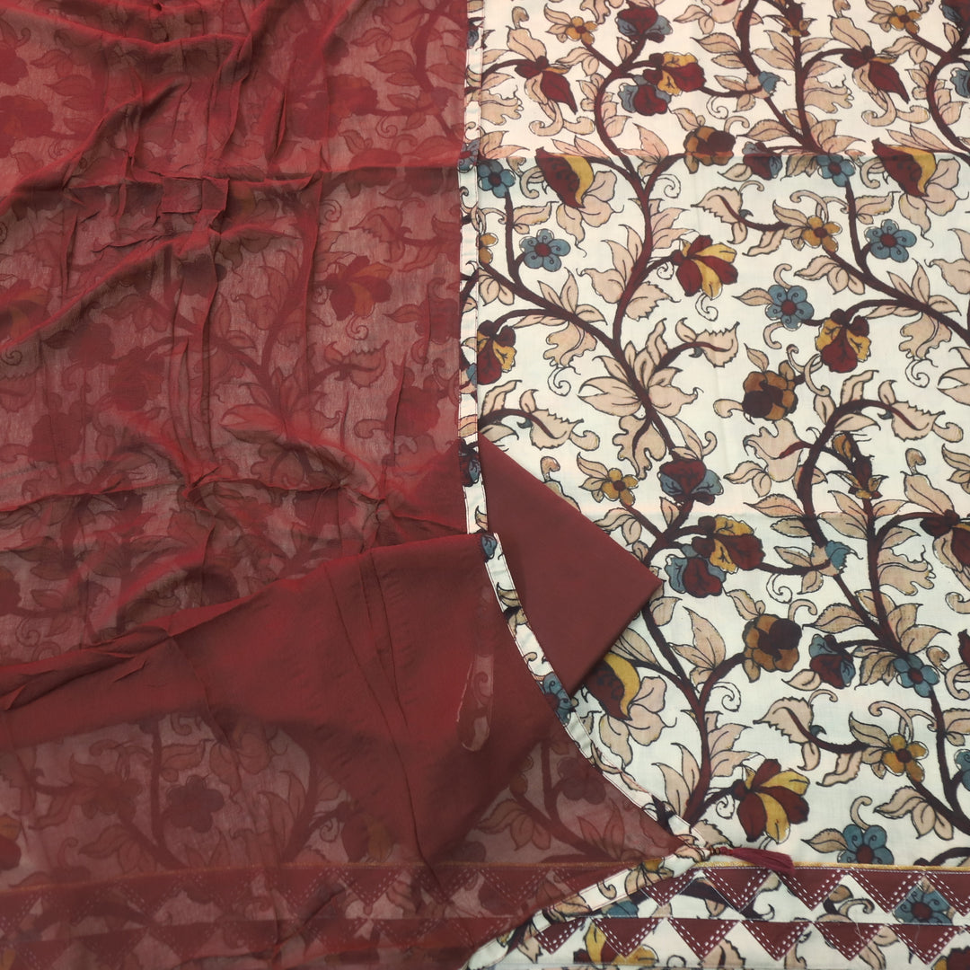 Hayaat Cream White Digital Kalamakari Printed Cotton Top with Maroon Dupatta
