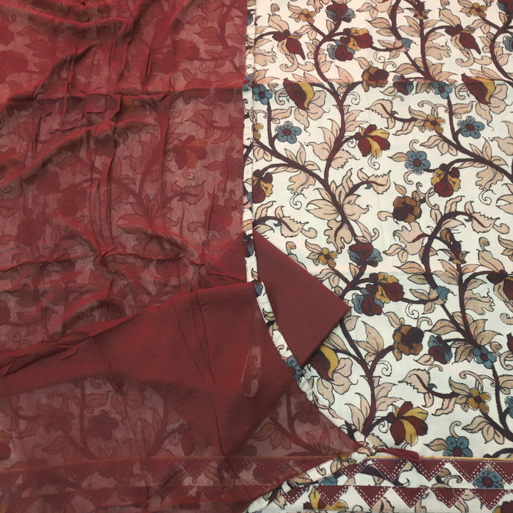 Hayaat Cream White Digital Kalamakari Printed Cotton Top with Maroon Dupatta
