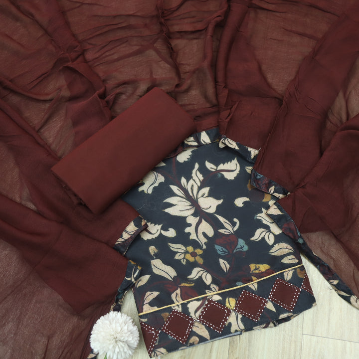 Hayaat Dark Blue Digital Kalamakari Printed Cotton Top with Mahogany Dupatta